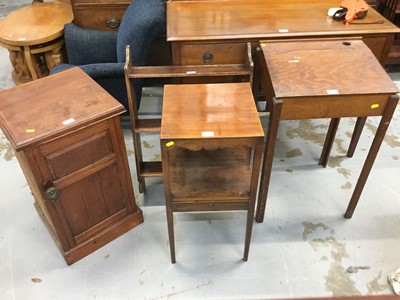 Lot 917 - Georgian mahogany two tier wash stand, Oak pot cupboard, together with a school desk and hanging shelves (4)