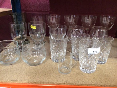 Lot 513 - Small collection of antique and later glassware, including green and clear rummers, cut glass tumblers, etc