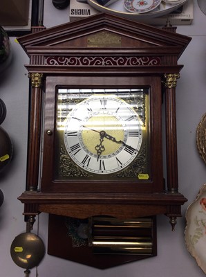 Lot 407 - Georgian style wall clock by Lawrence Thick of Ipswich, Suffolk, the square brass dial with calendar dial and cast brass spandrels, in temple shape mahogany case with weight. Signed and dated 1986.
