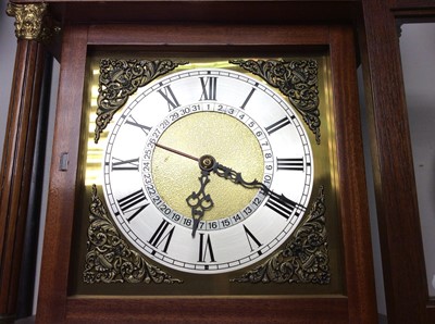 Lot 407 - Georgian style wall clock by Lawrence Thick of Ipswich, Suffolk, the square brass dial with calendar dial and cast brass spandrels, in temple shape mahogany case with weight. Signed and dated 1986.
