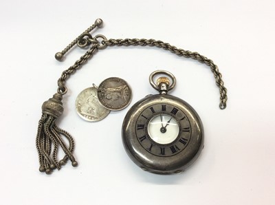 Lot 669 - Silver cased half hunter fob watch, piece of fob chain and two coin fobs