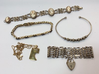 Lot 670 - Silver gate bracelet, silver torque bangle, cameo bracelet, gem set bracelet and a silver gilt pendant on chain