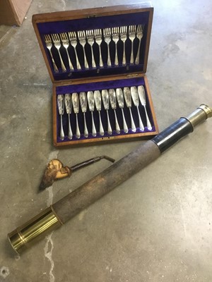 Lot 166 - Late 19th / early 20th century telescope together with a carved meerschaum pipe and fish knives and forks
