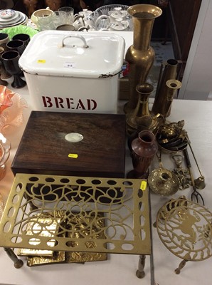 Lot 413 - Vintage enamel bread bin,  rosewood work box, brass trivets and other metal ware