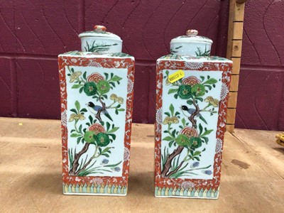 Lot 505 - Pair of Japanese porcelain vases, circa 1900, of square form with round covers, decorated with birds and flowers, 28cm high