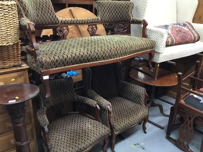 Lot 952 - Edwardian salon suite comprising tub settee and tub chair and wing chair with original upholstery on cabriole legs