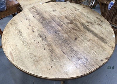 Lot 953 - Large circular French Oak kitchen table on tripod base 161 cm diameter and set eight kitchen chairs with drop in rush seats (9)