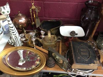 Lot 500 - Sundry items, including brass and copper ware, Italian pottery cat, amethyst glass vase, Victorian bible, etc