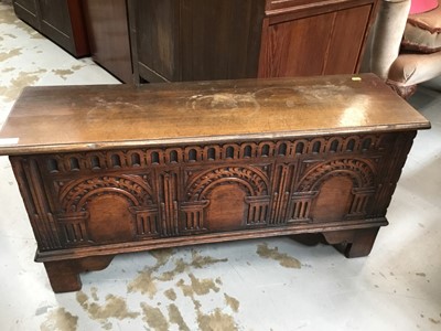 Lot 965 - Reproduction narrow oak coffer with arched decoration on bracket feet 99cm