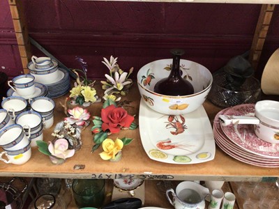 Lot 503 - Sundry china and glass, including Norwegian Figgjo seafood dishes, a Webb amethyst glass posy vase, etc (2 shelves)