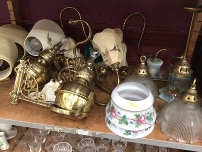 Lot 506 - Collection of brass wall and ceiling lights, mostly Victorian/Edwardian, including moulded, painted and vaseline shades