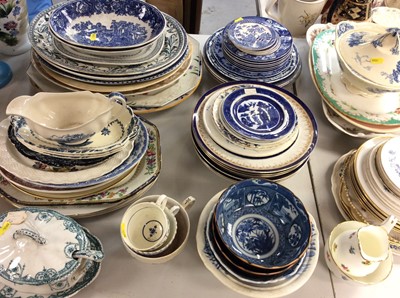 Lot 401 - Group blue and white dinner ware, meat plates, tureens, Mintons milk jug and sugar bowl etc