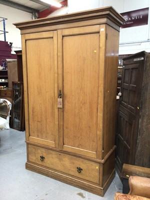 Lot 970 - Large Victorian grained pine linen cupboard with two panelled doors enclosing shelves and drawer below 230 cm high x 155 cm wide x 57 cm deep