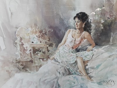 Lot 1 - Gordon King (b.1939) watercolour - relaxing lady, signed, 45cm x 61cm, in glazed gilt frame p