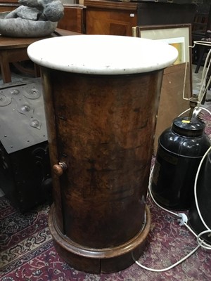 Lot 984 - Victorian burr walnut cylinder pot cupboard with circular marble top 39 cm diameter, 71 cm high