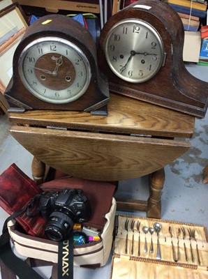 Lot 444 - Two oak cased mantle clocks, Minolta Dynax 500si camera in bag, small oak drop leaf occasional table and sundries