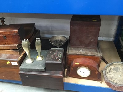 Lot 218 - Edwardian mantel timepiece in mahogany inlaid case, ship's compass, Victorian walnut veneered writing box and sundry items