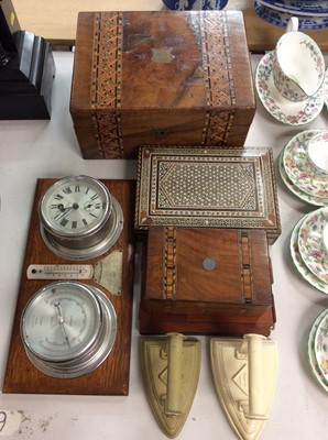 Lot 418 - Victorian walnut writing slope with marquetry decoration, two other inlaid work boxes, ship’s clock and barometer, old camera slide and two flat irons