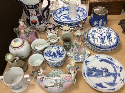 Lot 424 - 19th century Chinese blue and white porcelain plate with figure decoration, other Oriental ceramics, Wedgwood Jasperware biscuit barrel, figure ornaments and decorative ceramics