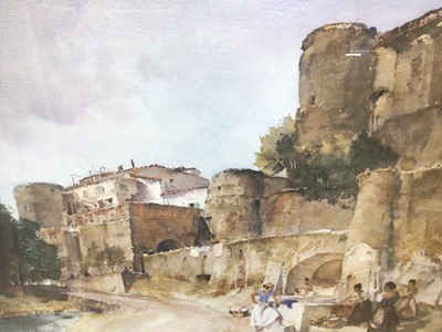 Lot 286 - William Russell Flint (1880-1969) limited edition colour print - figures benaeath castle walls, 382/850, with blindstamp, 53cm x 69cm, in glazed frame