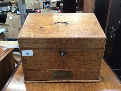 Lot 27 - Early 20th century blonde oak stationery box, with campaign style drawer at bottom, 30.5cm across