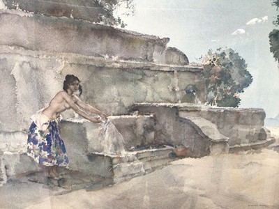 Lot 16 - William Russell Flint (1880-1969) signed colour print - semi-clad female before a fountain, with blindstamp, 52cm x 68cm, in glazed frame