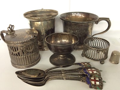 Lot 688 - Two silver Christening cups with engraved inscriptions, silver condiments, six silver and enamel souvenir spoons and silver thimble