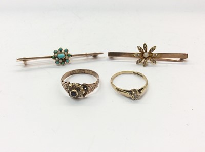 Lot 684 - Victorian 9ct gold bar brooch mounted with seed pearl flower, one other yellow metal turquoise and seed pearl bar brooch, Victorian yellow metal garent and seed pearl flower head ring and 9ct gold...