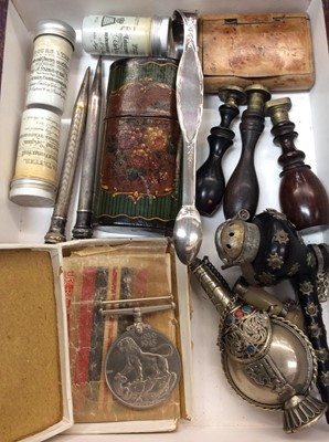 Lot 420 - Eastern white metal snuff bottle, two silver plated propelling pencils, pair white metal sugar tongs, plated christening set in case, pipes, boxes, WWII medal, vintage fan in box, Dunn & Co. bowler...