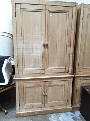 Lot 995 - Large 19th century and later pine two height cupboard with panelled doors enclosing shelves , 135 cm approx wide, 254 cm high, 59 cm deep