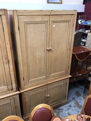 Lot 996 - Large 19th century and later pine two height cupboard with panelled doors enclosing shelves , 135 cm approx wide, 254 cm high, 59 cm deep