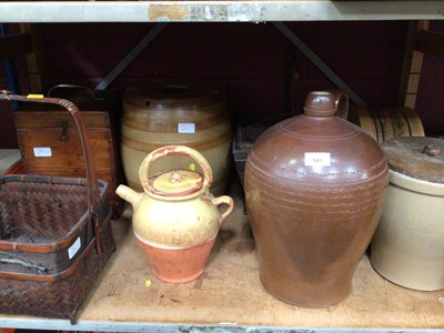 Lot 541 - Salt glazed barrel, storage jars and flagon, plus metal ware jugs and fla gon, baskets and wooden box