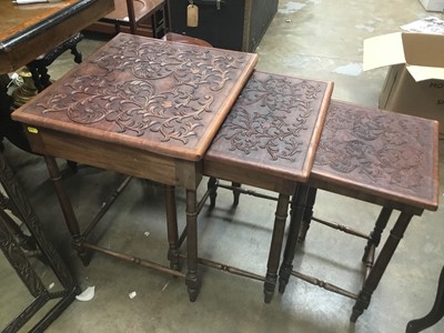 Lot 1000 - Embossed leather topped nest of three tables and similar leather pouffe (2)