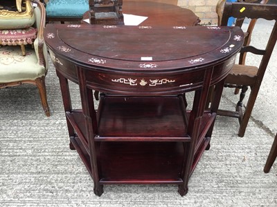 Lot 1003 - Chinese mother o pearl inlaid hardwood Demi lune table with dragon decoration and various tiers 90 cm wide