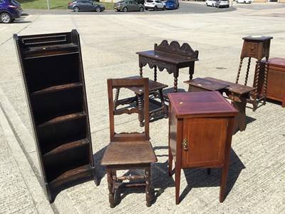 Lot 1009 - Edwardian bedside cupboard, narrow oak bookcase and early 18 th century small oak chair (3)