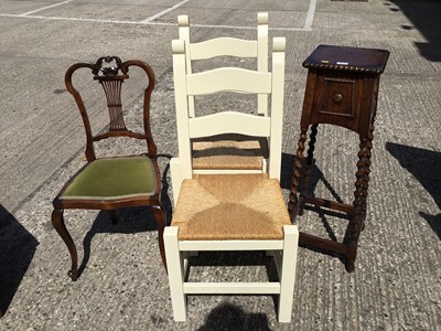 Lot 1012 - 1920s oak jardiniere stand on spiral legs, Edwardian chair and pair Kinchen chairs