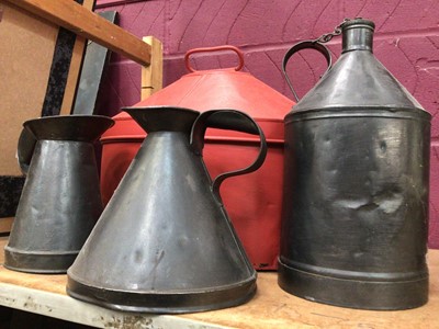 Lot 545 - Red metal carriage box, plus metal ware flagon and ewers