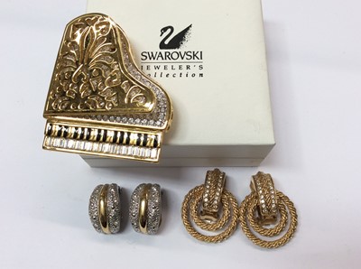 Lot 699 - Swarovski novelty brooch in the form of a piano, boxed, together with pair vintage Christian Dior gilt metal clip on earrings and pair Grossé clip on earrings