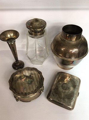 Lot 702 - Silver items to include silver pot, silver cigarette case, silver trinket box, silver spill vase and glass shaker