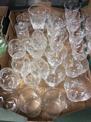 Lot 421 - Three boxes of assorted cut glass and other glass ware to include table wares and other pieces (qty)