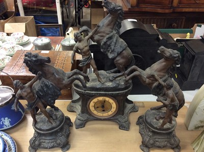 Lot 426 - Spelter clock and garniture with rearing horse decoration