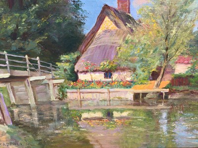 Lot 59 - Sydney Amos Driver, 1930s East Anglian School oil on canvas - a thatched cottage beside a river, signed and dated 1933, 25cm x 35cm, in gilt frame