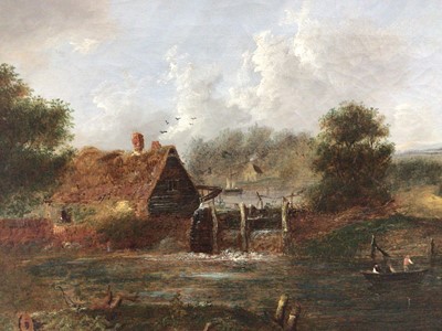 Lot 60 - Charles Morris Snr. oil on canvas - view on a river with a Watermill, signed and dated 1869, 31cm x 46cm, in gilt frame