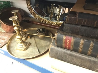 Lot 224 - Antique Bibles, Victorian brass candlesticks, copper bed warmer, metalwork and sundries