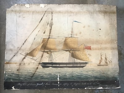 Lot 227 - Early 19th century gouache 'Brig Tino of London, Jacob G Hare Commander passing the Singoria Castle, 16th November 1826' approximately 45cm x 61cm.