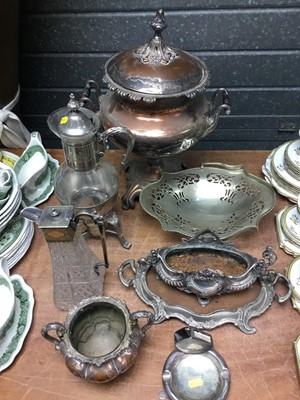Lot 279 - Samovar, silver plated claret jug and other metalwares