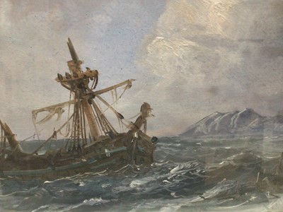 Lot 232 - Pair of late 19th century oils on board - shipping and a shipwreck off the coast, 23cm x 45cm, in glazed frames