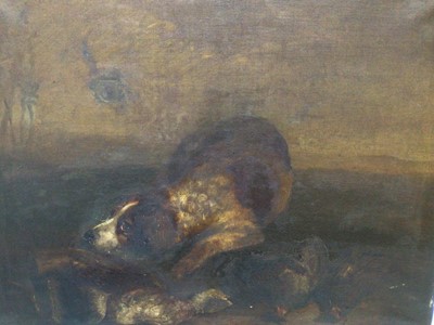 Lot 116 - English School, 19th century, oil on canvas - a spaniel with the days bag, indistinctly signed, unframed, 53cm x 64cm