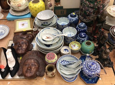 Lot 455 - Group Orietal ceramics, figures, pair carved wood masks, pictures and pair vintage heels