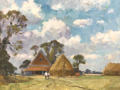 Lot 127 - Russell Palmer, 20th century, oil on board - A Norfolk Farm, signed, 37cm x 50cm, framed